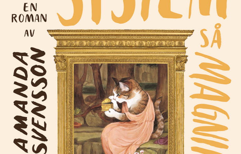 Book cover of "Ett system så magnifikt att det bländar", the title has large letters and in the middle there's a painting of a cat. 