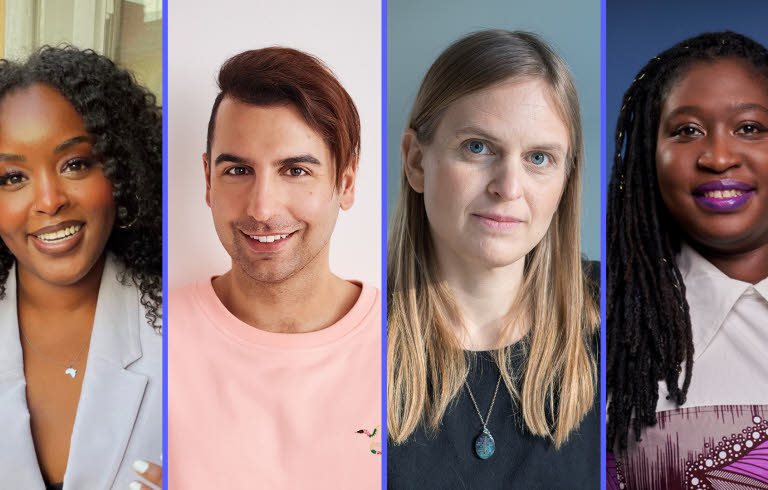 Montage of four people whom are all smiling and are looking towards the camera. 