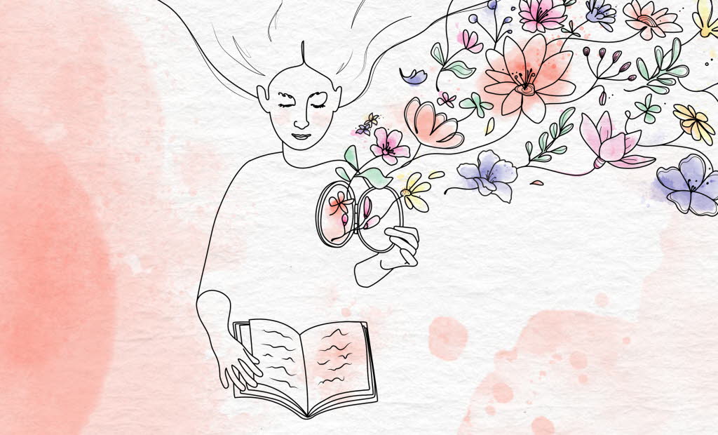 Illustration av läsande kvinna som öppnar en lucka i sitt hjärta. Väller ut blommor.