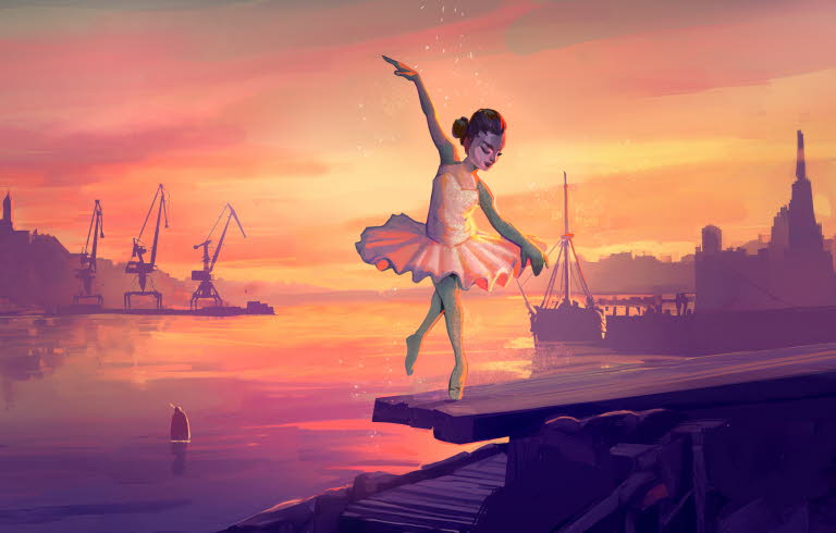 Ballerina dansar med hamn som bakgrund. Illustration.