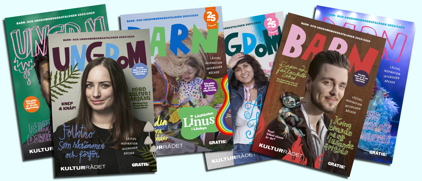 Collage av omslag till Barn– och ungdomsbokskatalogen. Montage. 