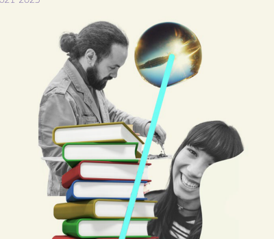 Omslag med titeln och ett collage på böcker, en kvinna och en man, båda i grått.