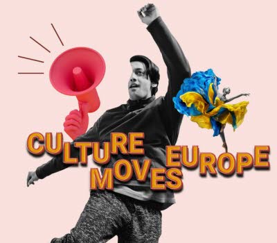 Collage med en man som ser ut att hoppa, rosa bakgrund, texten Culture Moves Europe i förgrunden.