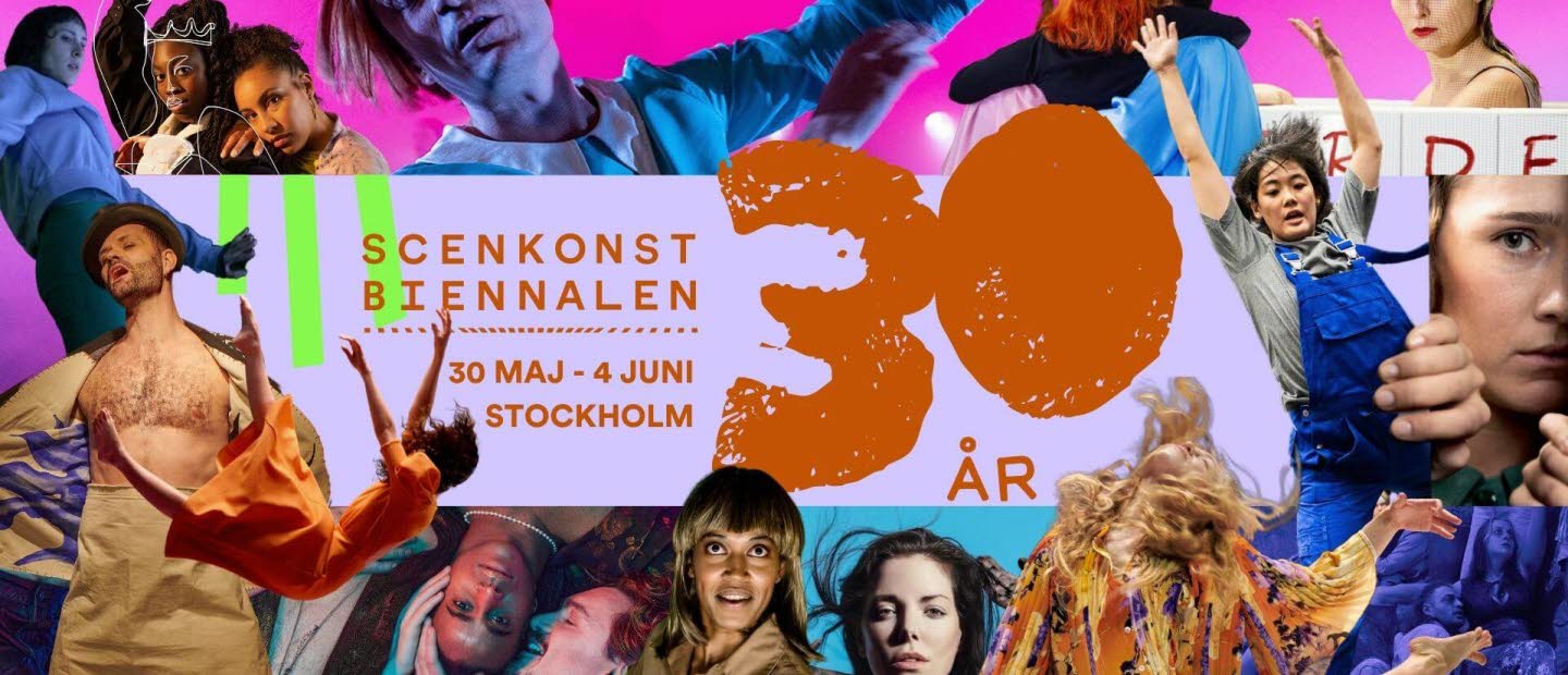 Ett collage med människor på rosa bakgrund. I mitten texten Scenkonstbiennalen 30 maj-4 juni, Stockholm, 30 år.