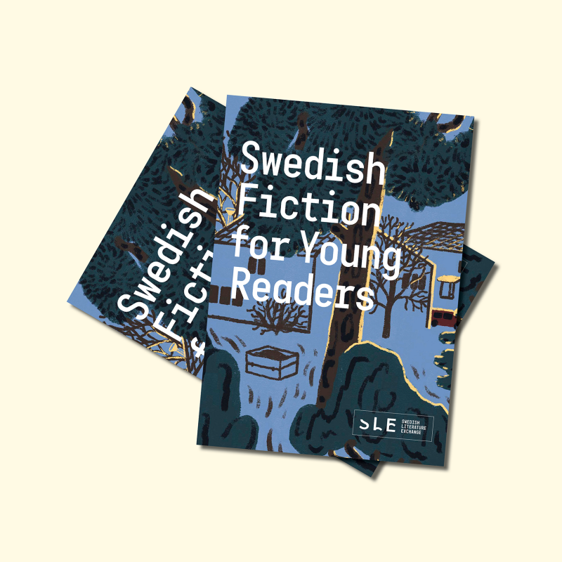 Publication cover, a drawing of a house with a tree in front of it. White text: Swedish Fiction for Young readers. 