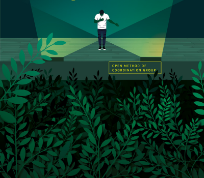 Grönt omslag med rubrik i vitt och gult, illustrerade löv i förgrunden.