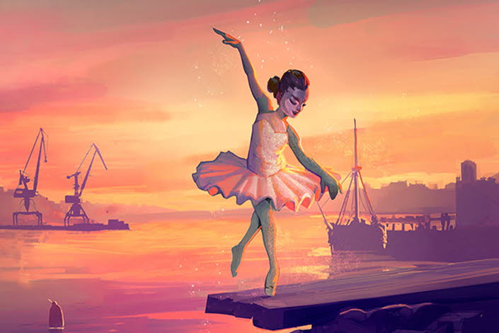 Illustration på flicka som dansar balett. I bakgrunden hamn och hav.