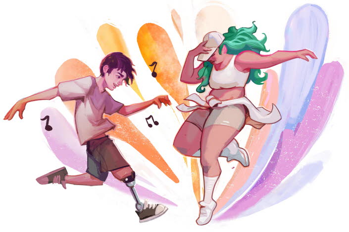 Illustration där kille och tjej dansar. Killen har en benprotes.
