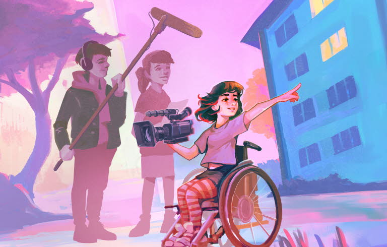 Illustration på tre ungdomar som spelar in en film. Fotografen sitter i en rullstol.