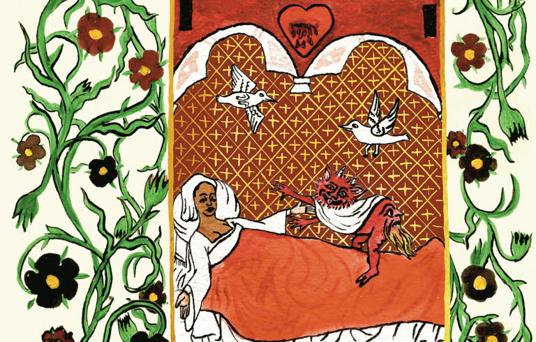 The book cover features an illustration inspired by the Middle Ages. It depicts a woman lying in bed with a red devil standing on the bedclothes and two white doves flying above her.