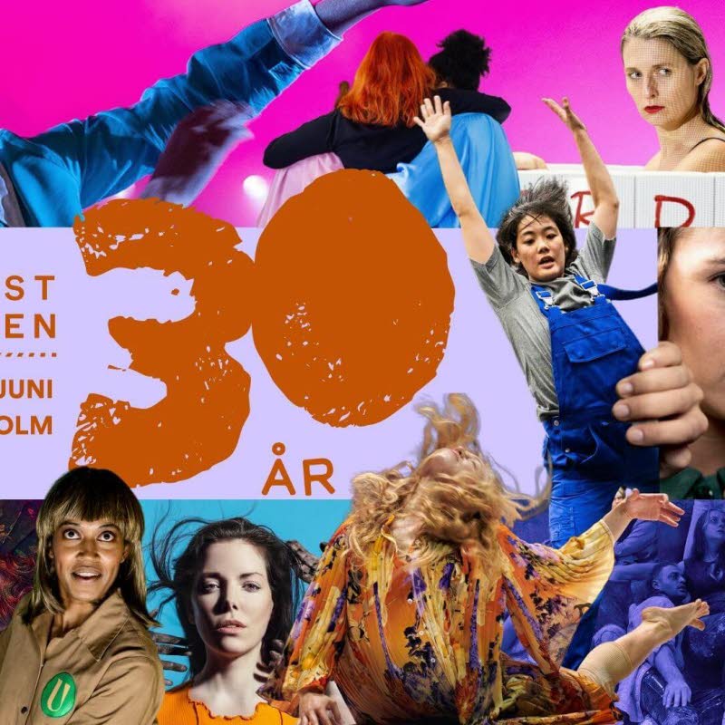 Ett collage med människor på rosa bakgrund. I mitten texten Scenkonstbiennalen 30 maj-4 juni, Stockholm, 30 år.