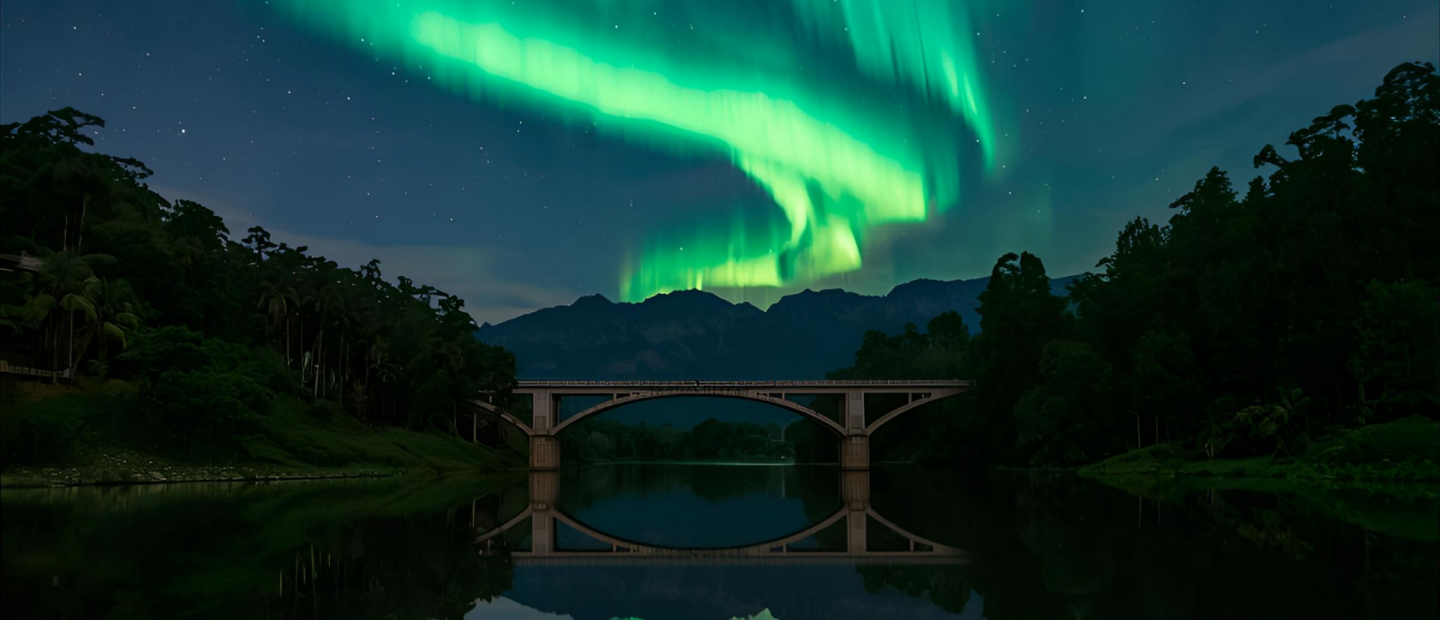 Siluett av bro flankerad av träd, vatten och himmel med morgonrodnad. 