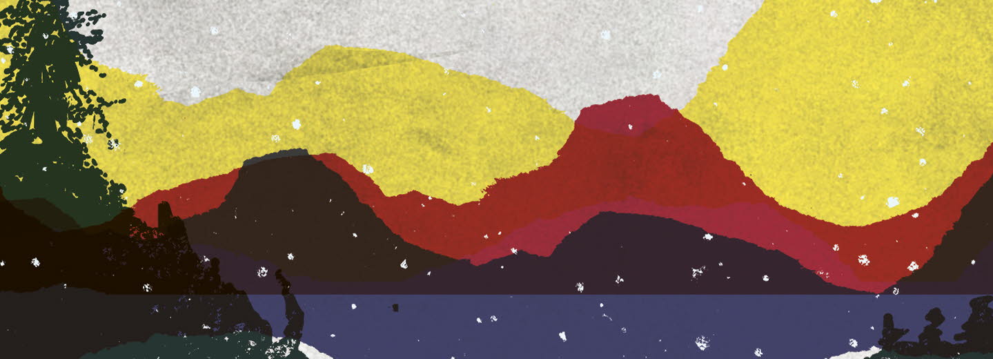 Book cover, Folk som sår i snö, a graphical landscape portraying northern Sweden, in Sápmi colours. 