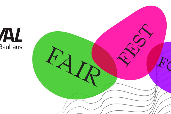 Affisch för New European Bauhaus-festivalen. Text med Fair, Fest, Forum i grönt, rosa och lila och loggor.