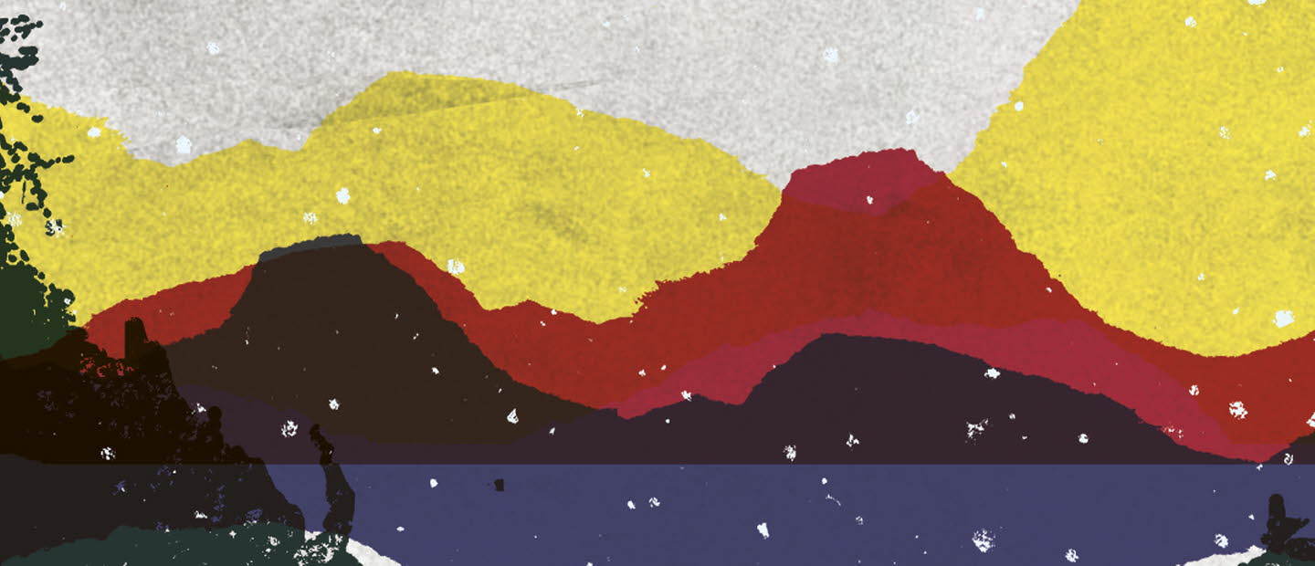 Book cover, Folk som sår i snö, a graphical landscape portraying northern Sweden, in Sápmi colours. 