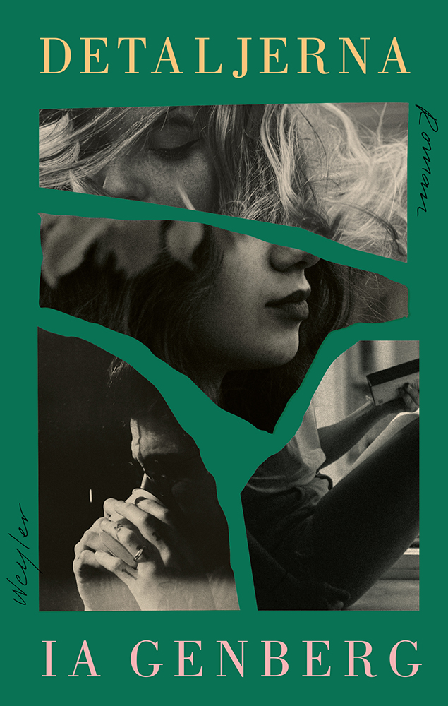 Book cover of "Detaljerna", it's green with photo shards showing different women. -