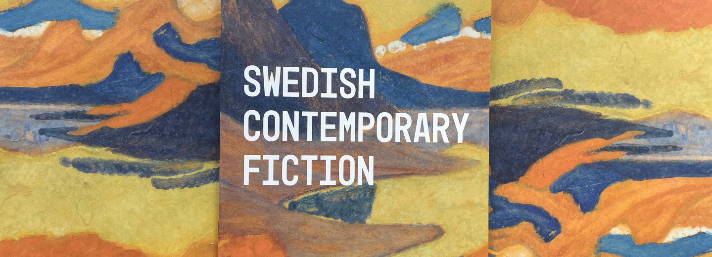 Cover, title of the publication on the abstract image "Stora Sjöfallet" by Helmer Osslund, flowing colours in orange, yellow and blue.