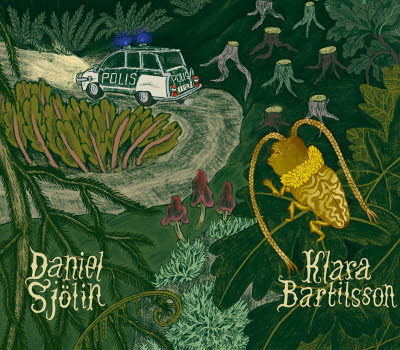 Illustrated book cover, a police car is driving in a dark forest.