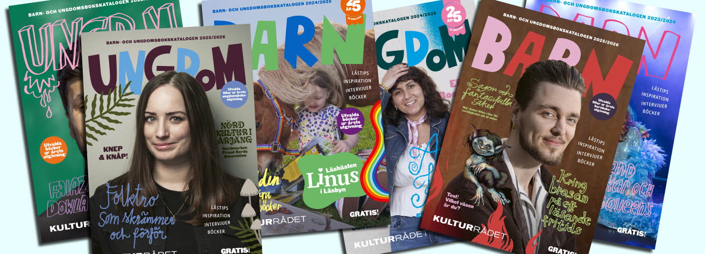 Collage av omslag till Barn– och ungdomsbokskatalogen. Montage.