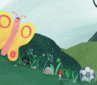 Cover, illustration picturing a butterfly and a green garden. 
