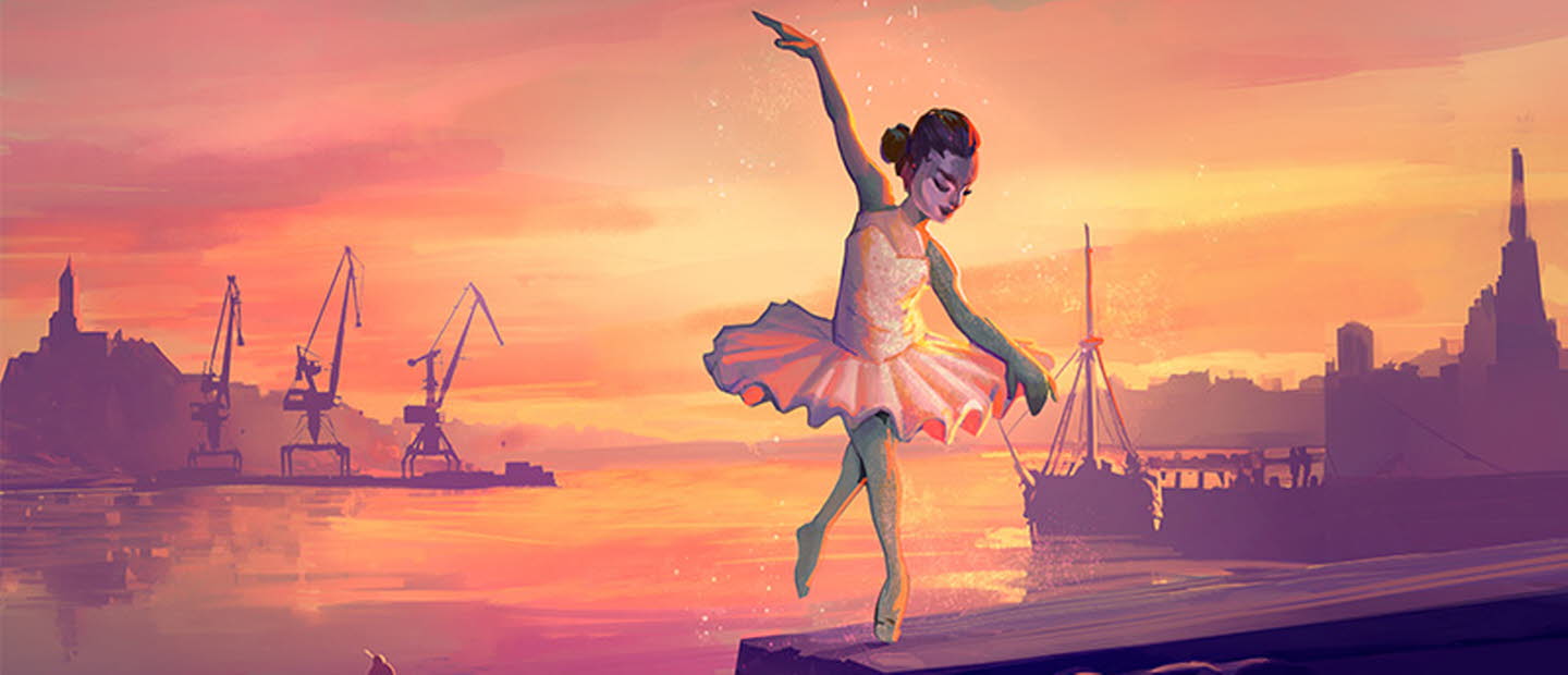 Illustration på flicka som dansar balett. I bakgrunden hamn och hav.