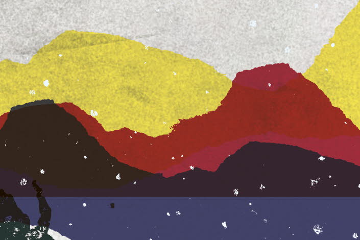 Book cover, Folk som sår i snö, a graphical landscape portraying northern Sweden, in Sápmi colours. 