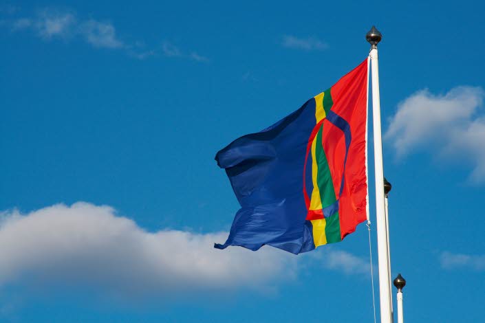 Samernas flagga i form av en cirkel med vertikala färgfält. Flaggans färger är blått, gult, grönt och rött.