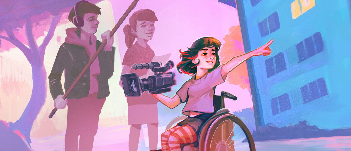 Illustration på tre ungdomar som spelar in en film. Fotografen sitter i en rullstol.