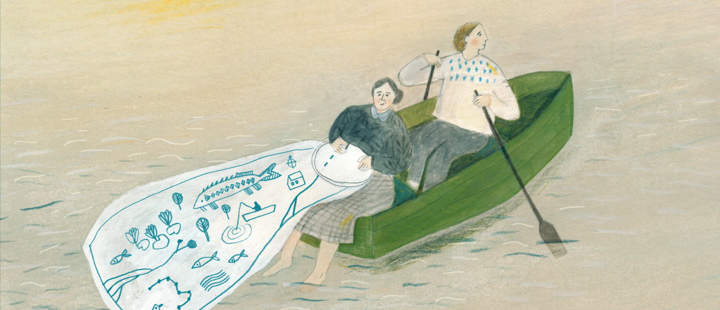 Book cover of "Vad är en flod" by Monika Vaicenaviciené. Two women are sitting in a green boat.