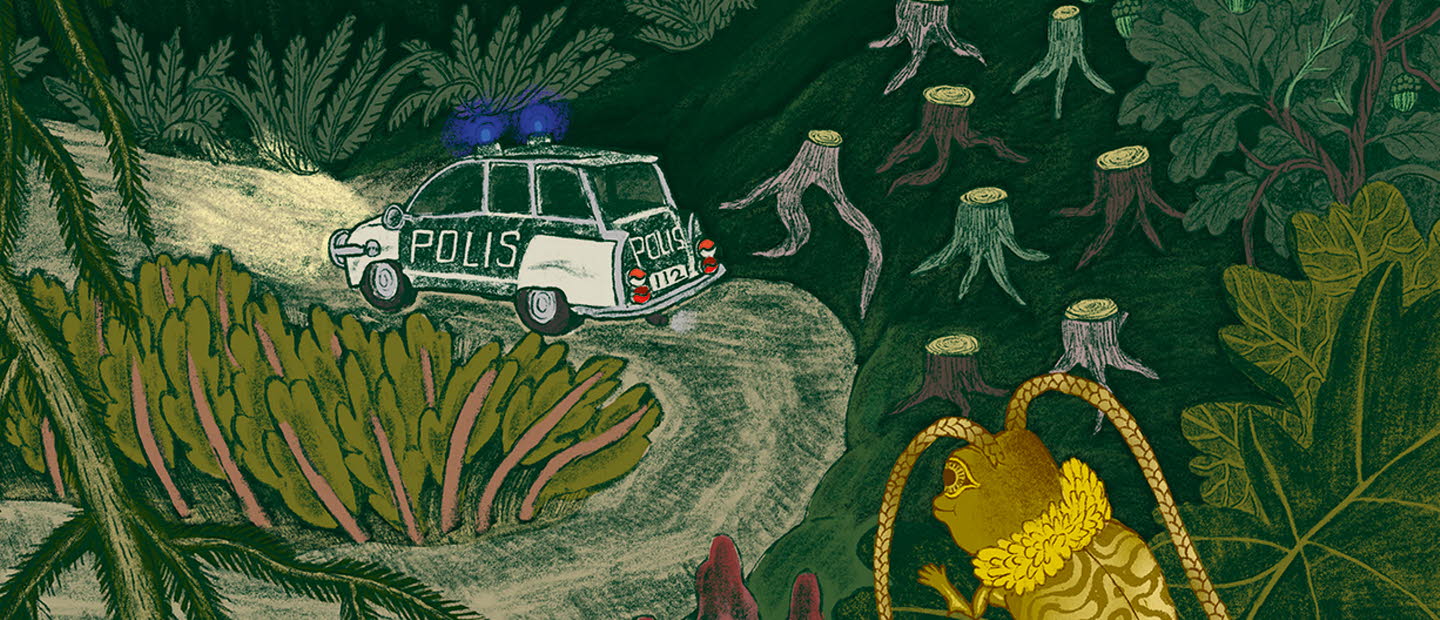 Illustrated book cover, a police car is driving in a dark forest.