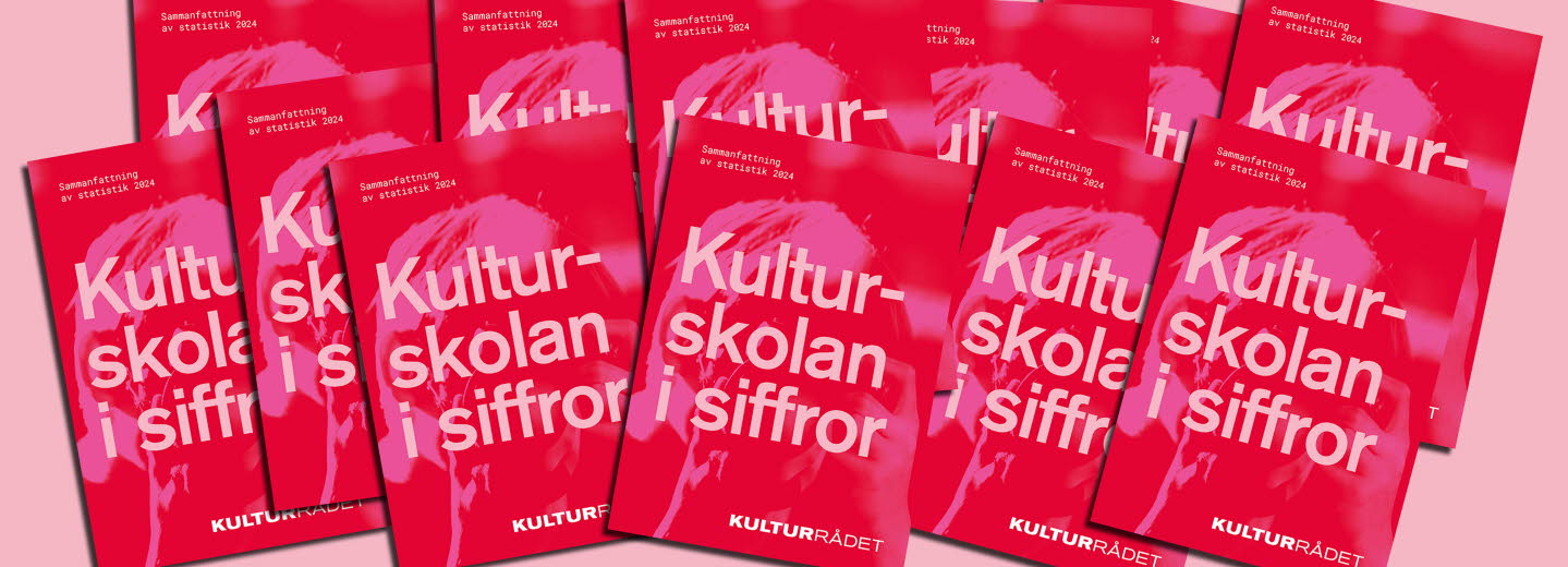 Kollage med upprepat motiv i form av rapportomslag i rött och rosa.