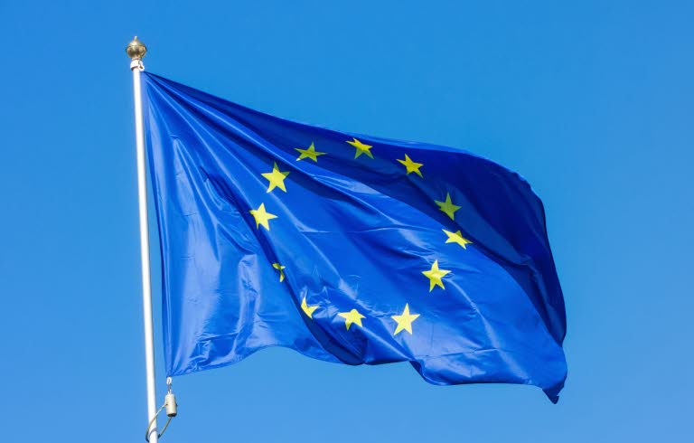Bild på EU-flaggan. Blå bakgrund med gula stjärnor i en cirkel.