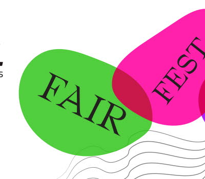 Affisch för New European Bauhaus-festivalen. Text med Fair, Fest, Forum i grönt, rosa och lila och loggor.