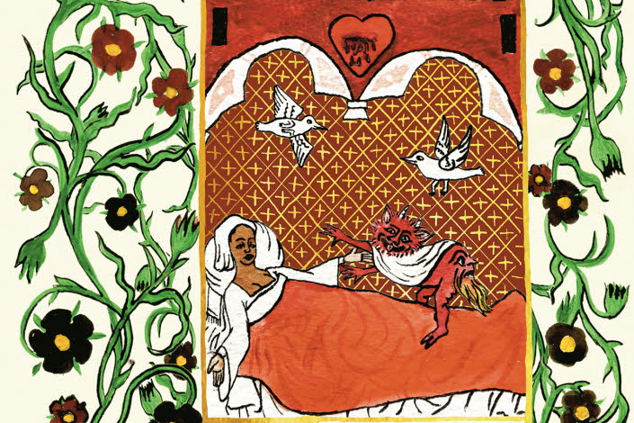 The book cover features an illustration inspired by the Middle Ages. It depicts a woman lying in bed with a red devil standing on the bedclothes and two white doves flying above her.