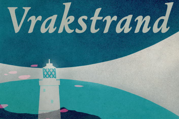 Book cover, Vrakstrand, blue and green illustration of the sea and a light house.