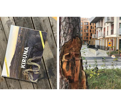 Collage, till vänster en bild på Kirunas ansökan i form av en broschyr, omslaget visar en bild över Kiruna med vit text "Kiruna, till höger en bild på ett trä med en urkarvad papperskorg.