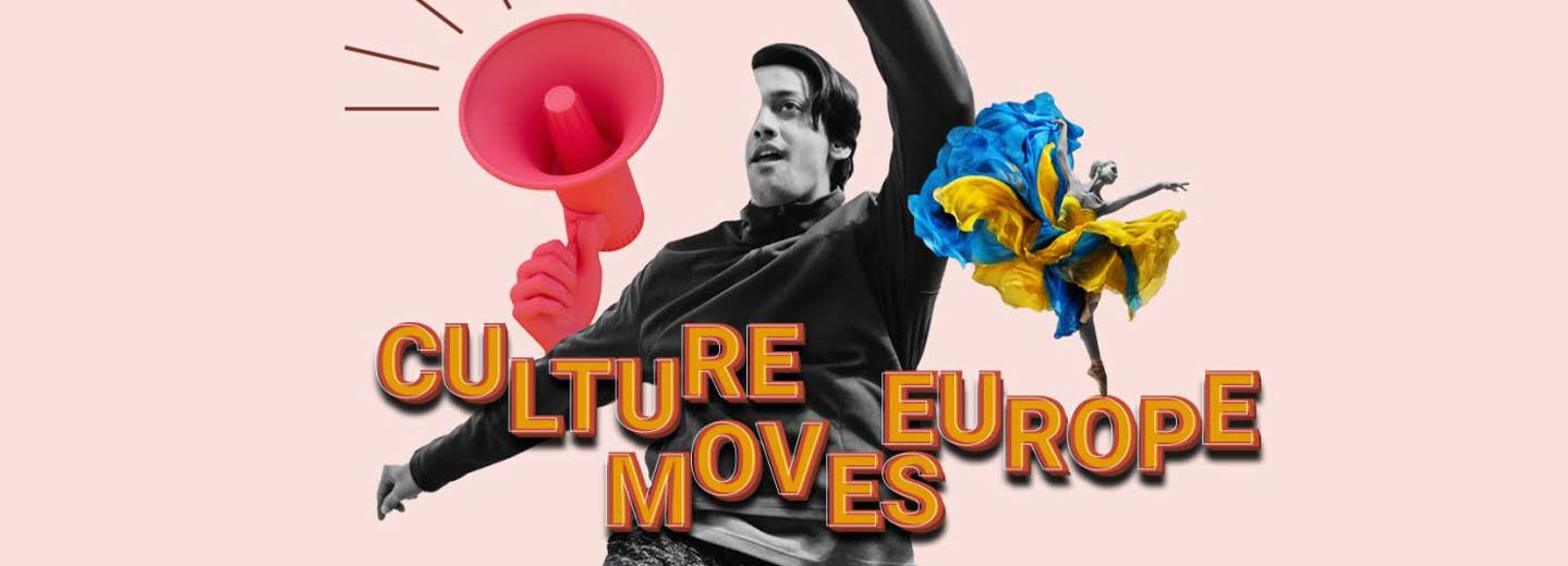 Collage med en man som ser ut att hoppa, rosa bakgrund, texten Culture Moves Europe i förgrunden.