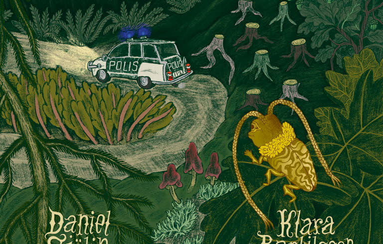 Illustrated book cover, a police car is driving in a dark forest.