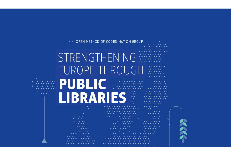 Omslag, EU-rapport. Vit text på blå bakgrund och illustrationer av en trädgårdsarbetare och två hantverkare, i bakgrunden skymtas böcker.