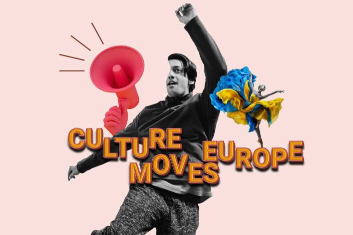 Collage med en man som ser ut att hoppa, rosa bakgrund, texten Culture Moves Europe i förgrunden.