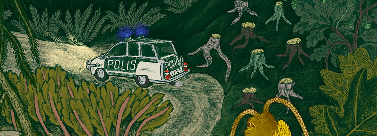 Illustrated book cover, a police car is driving in a dark forest.